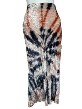 FREE PEOPLE velour fishtail Midi Skirt, Tye-dye, Cream with Navy & Rust XS
